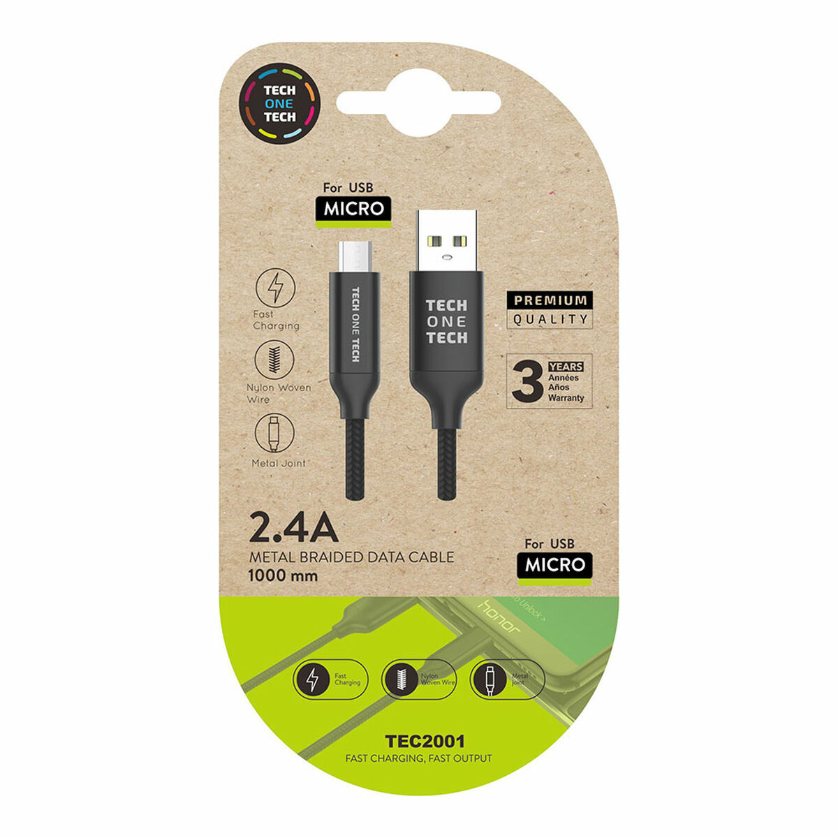 USB-kabel til micro USB Tech One Tech Sort